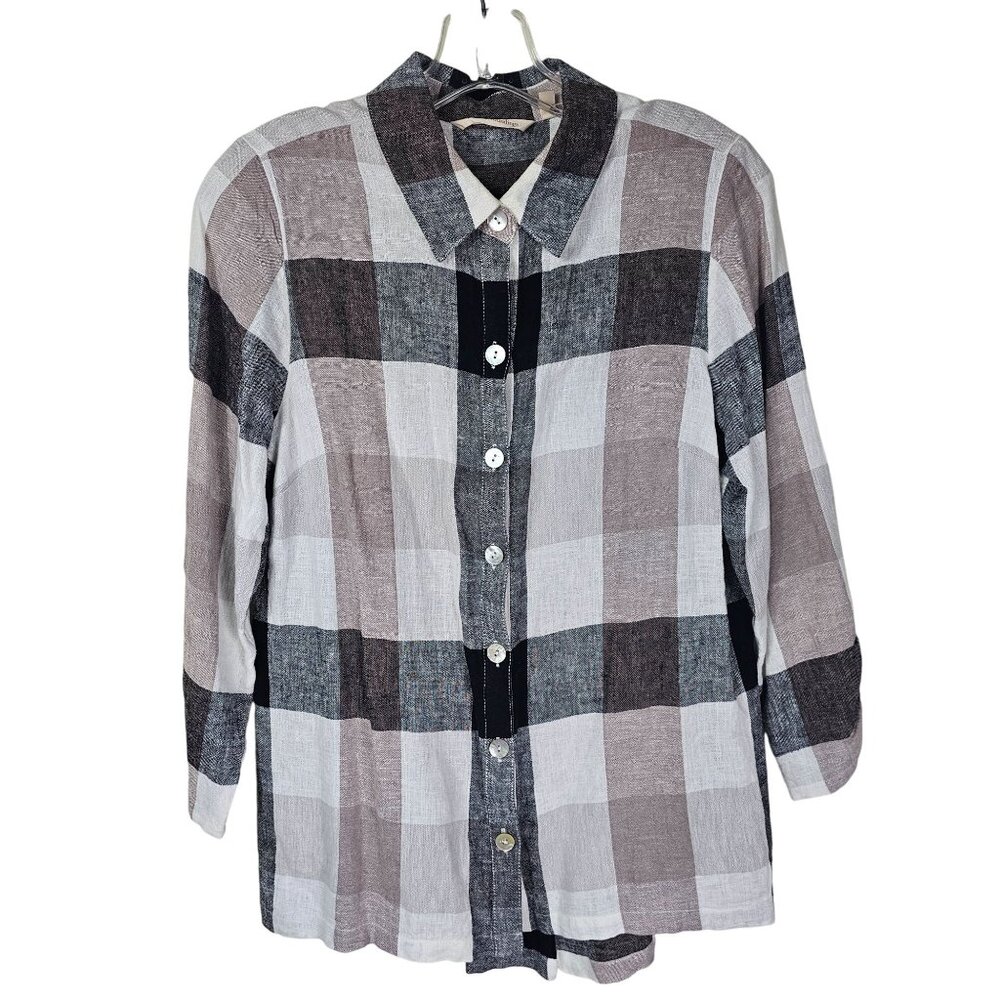 Soft Surroundings Plaid‎ Linen Button Up Blouse PM Back Zip Pleated Coastal
